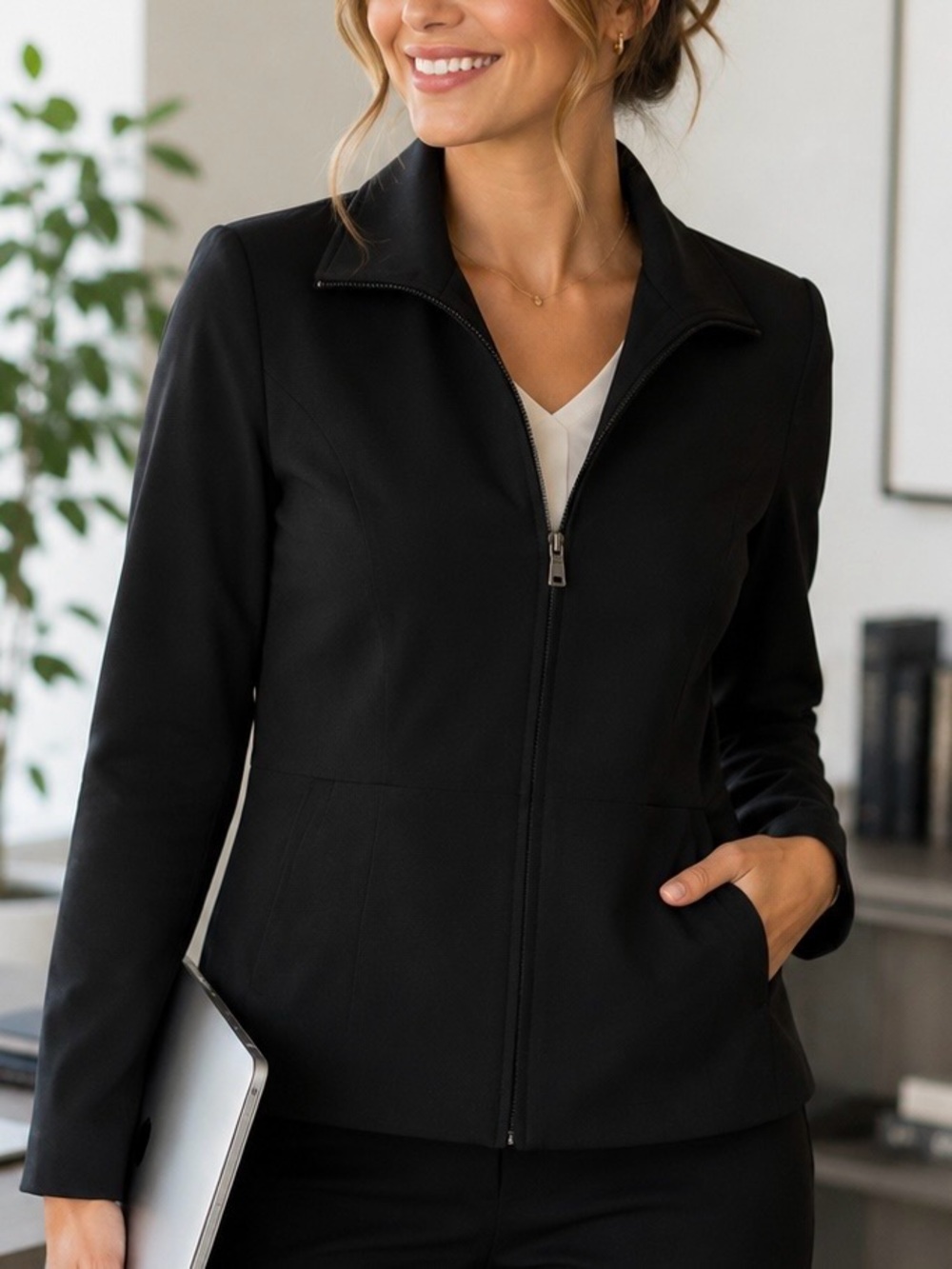 Marc New York Andrew Marc Womens Black Zip Front Blazer Jacket Career